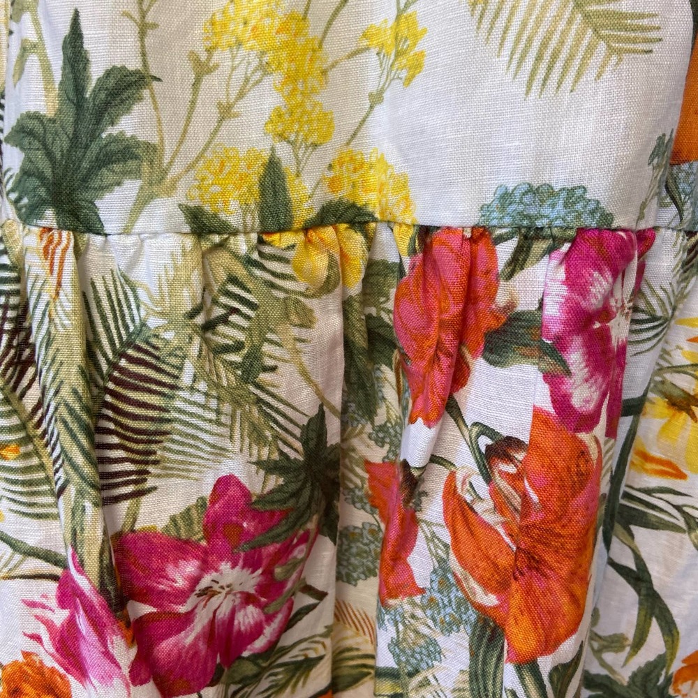 Chelsea & Violet Tropical Floral Print Tiered Midi Dress Linen Blend Tie Back - Picture 11 of 12